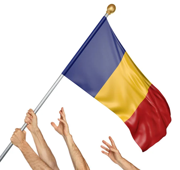 Team av bemannar händer att höja den Rumänien nationellt flagga, 3d-rendering isolerad på vit bakgrund — Stockfoto