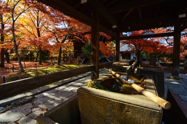 Lavabo de purification religieuse devant un sanctuaire pendant l'automne à Kyoto, Japon — Photo