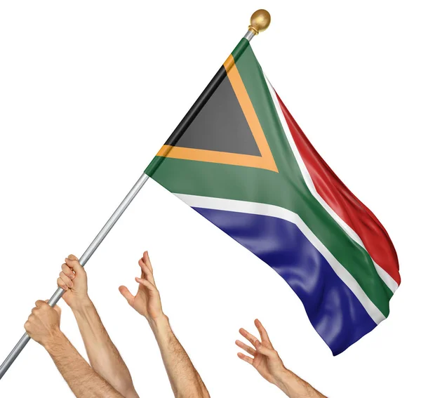 Team of peoples hands raising the South Africa national flag, 3D rendering isolated on white background — Stock Photo, Image