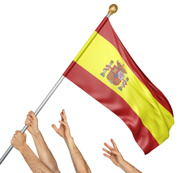 Flaga zespół rąk ludów podnoszenie Narodowego Hiszpanii, renderowania 3d na białym tle — Zdjęcie stockowe