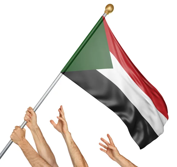 Команда народов поднимает национальный флаг Судана, 3D рендеринг изолирован на белом фоне — стоковое фото