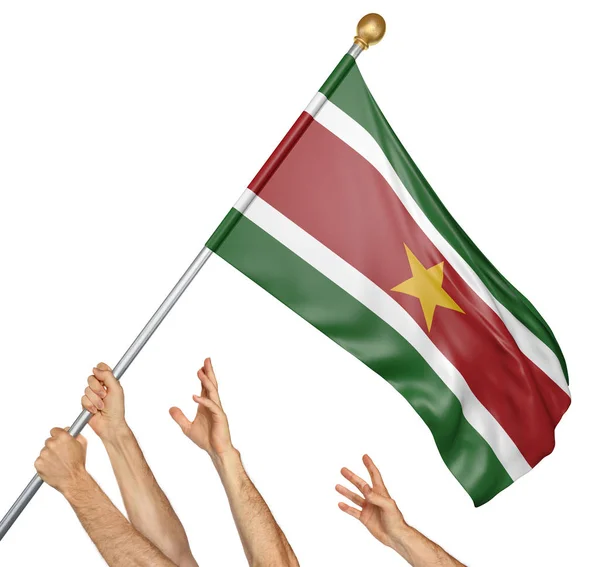 Flaga zespół rąk ludów podnoszenie Narodowego Surinam, renderowania 3d na białym tle — Zdjęcie stockowe