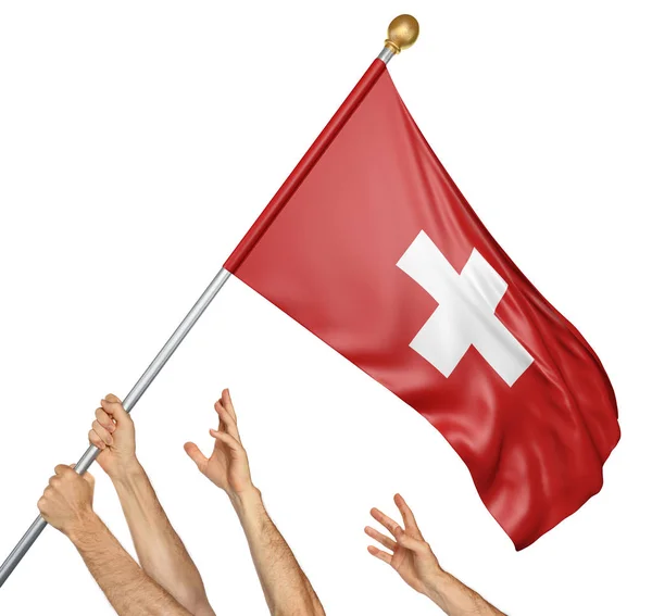 Team of peoples hands raising the Switzerland national flag, 3D rendering isolated on white background — Stock Photo, Image