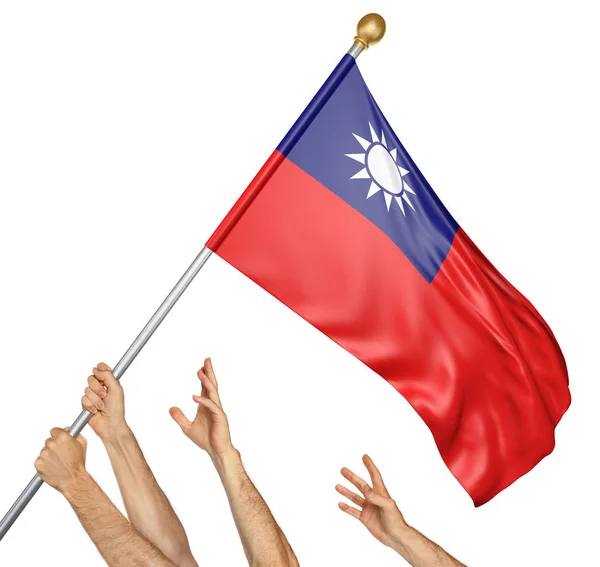 Team av bemannar händer att höja den Taiwan nationellt flagga, 3d-rendering isolerad på vit bakgrund — Stockfoto