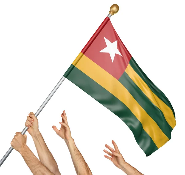 Team of peoples hands raising the Togo national flag, 3D rendering isolated on white background — Stock Photo, Image