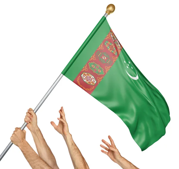 Csapat népek kéz emelése a a Türkmenisztánnal nemzeti zászló, 3d rendering elszigetelt fehér background — Stock Fotó