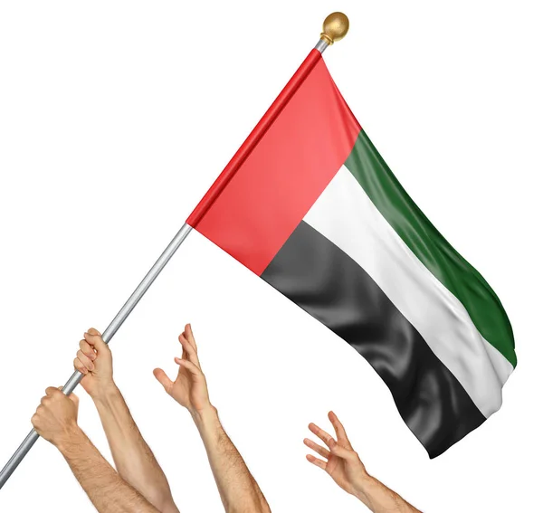 Team van volkeren handen verhogen de Verenigde Arabische Emiraten-nationale vlag, 3D-rendering geïsoleerd op witte achtergrond — Stockfoto