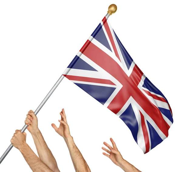 Team of peoples hands raising the United Kingdom national flag, 3D rendering isolated on white background — Stock Photo, Image