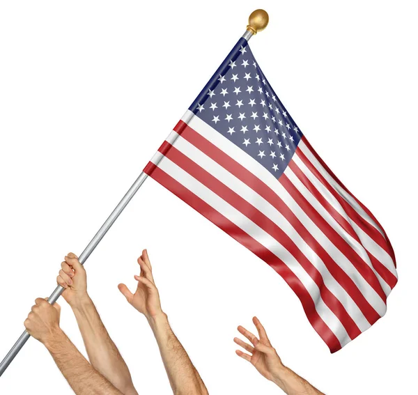 Equipo de manos de los pueblos levantando la bandera nacional de los Estados Unidos, representación 3D aislado sobre fondo blanco — Foto de Stock