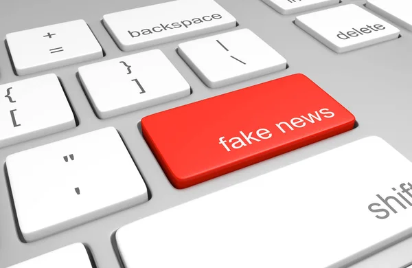 Chave de computador para acessar sites de notícias falsas que publicam fraudes e desinformação, renderização 3D — Fotografia de Stock