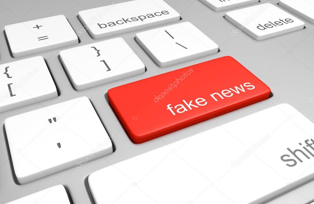 Computer key for accessing fake news websites that publish hoaxes and disinformation, 3D rendering