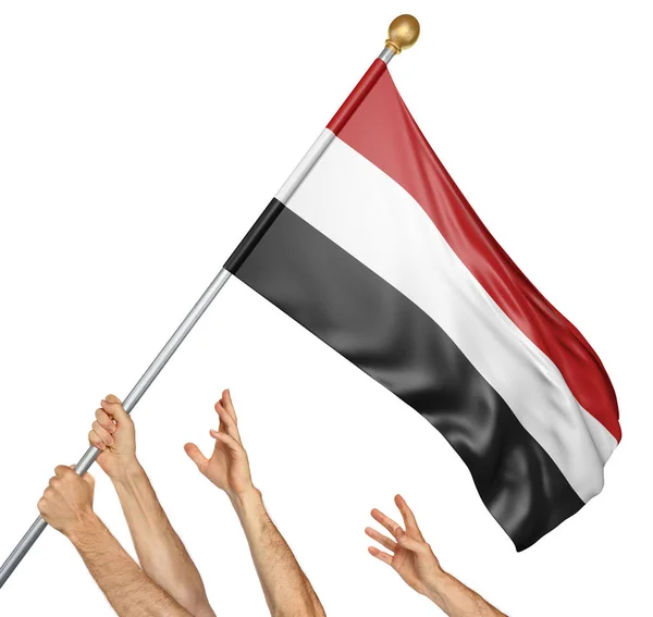 Team of peoples hands raising the Yemen national flag, 3D rendering isolated on white background — Stock Photo, Image