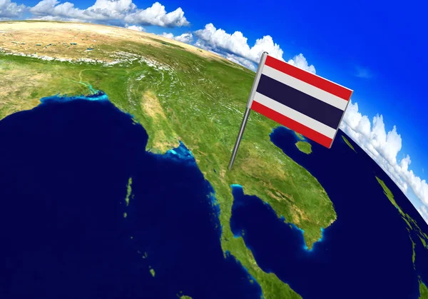 Flaggenmarkierung über dem Land Thailand auf der Weltkarte 3D-Darstellung — Stockfoto