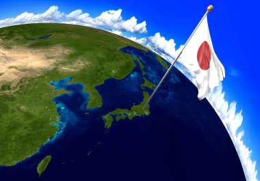 Japonya Ulusal bayrak ülke konumunu dünya haritası üzerinde işaretleme. 3D render, Nasa tarafından döşenmiş bu resmin parçaları