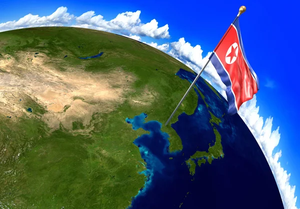North Korea national flag marking the country location on world map. 3D rendering, parts of this image furnished by NASA — Stock Photo, Image