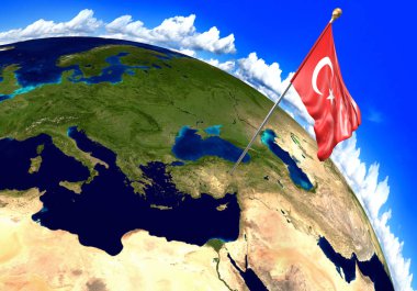 Türkiye ulusal bayrak ülke konumunu dünya haritası üzerinde işaretleme. 3D render