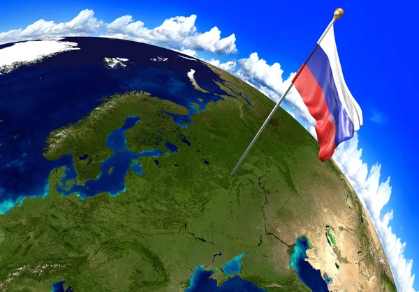 Росією прапора маркування країну місцезнаходження на карті світу. 3D-рендерінг — стокове фото