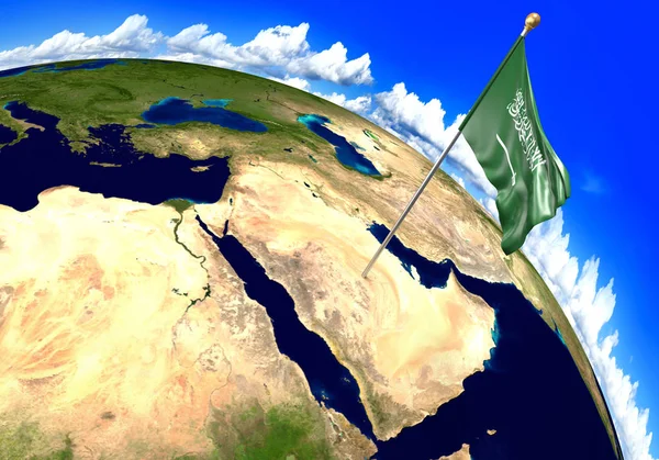 Saudiarabien flagga märkning på land plats på världskartan. 3D-rendering — Stockfoto