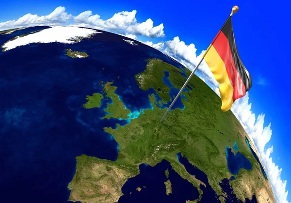 Bandeira nacional da Alemanha marcando a localização do país no mapa do mundo. Renderização 3D — Fotografia de Stock