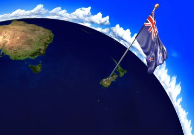 Yeni Zelanda ulusal bayrak ülke konumunu dünya haritası üzerinde işaretleme. 3D render