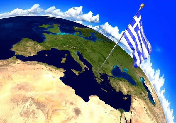 Griechische Nationalflagge, die die Lage des Landes auf der Weltkarte kennzeichnet. 3D-Darstellung — Stockfoto