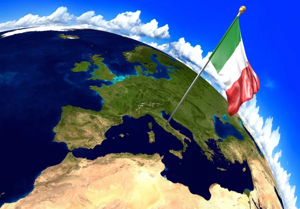 Italy national flag marking the country location on world map. 3D rendering