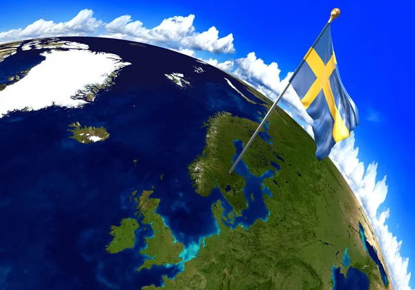 Sweden national flag marking the country location on world map. 3D rendering — Stock Photo, Image