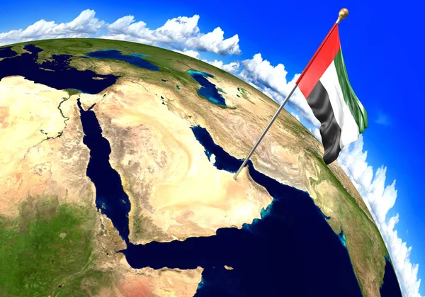 Verenigde Arabische Emiraten-vlag markeren van de locatie van het land op de wereldkaart. 3D-rendering — Stockfoto