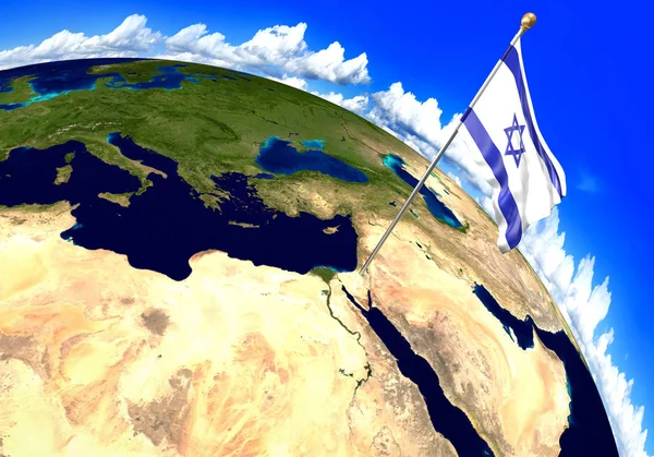 Israël nationale vlag markeren van de locatie van het land op de wereldkaart. 3D-rendering, delen van deze afbeelding ingericht door Nasa — Stockfoto