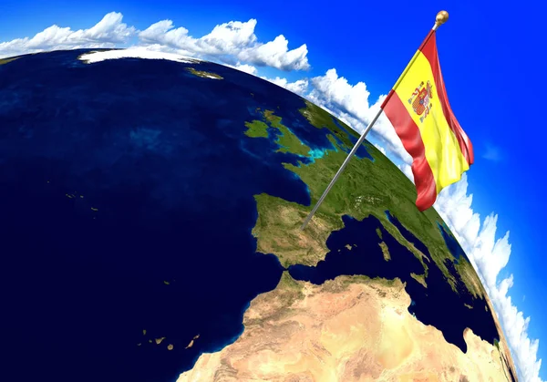 Bandera nacional de España que marca la ubicación del país en el mapa del mundo. Representación 3D, partes de esta imagen proporcionadas por la NASA — Foto de Stock
