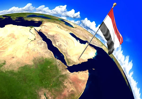 Jemen nationale vlag markeren van de locatie van het land op de wereldkaart. 3D-rendering, delen van deze afbeelding ingericht door Nasa — Stockfoto
