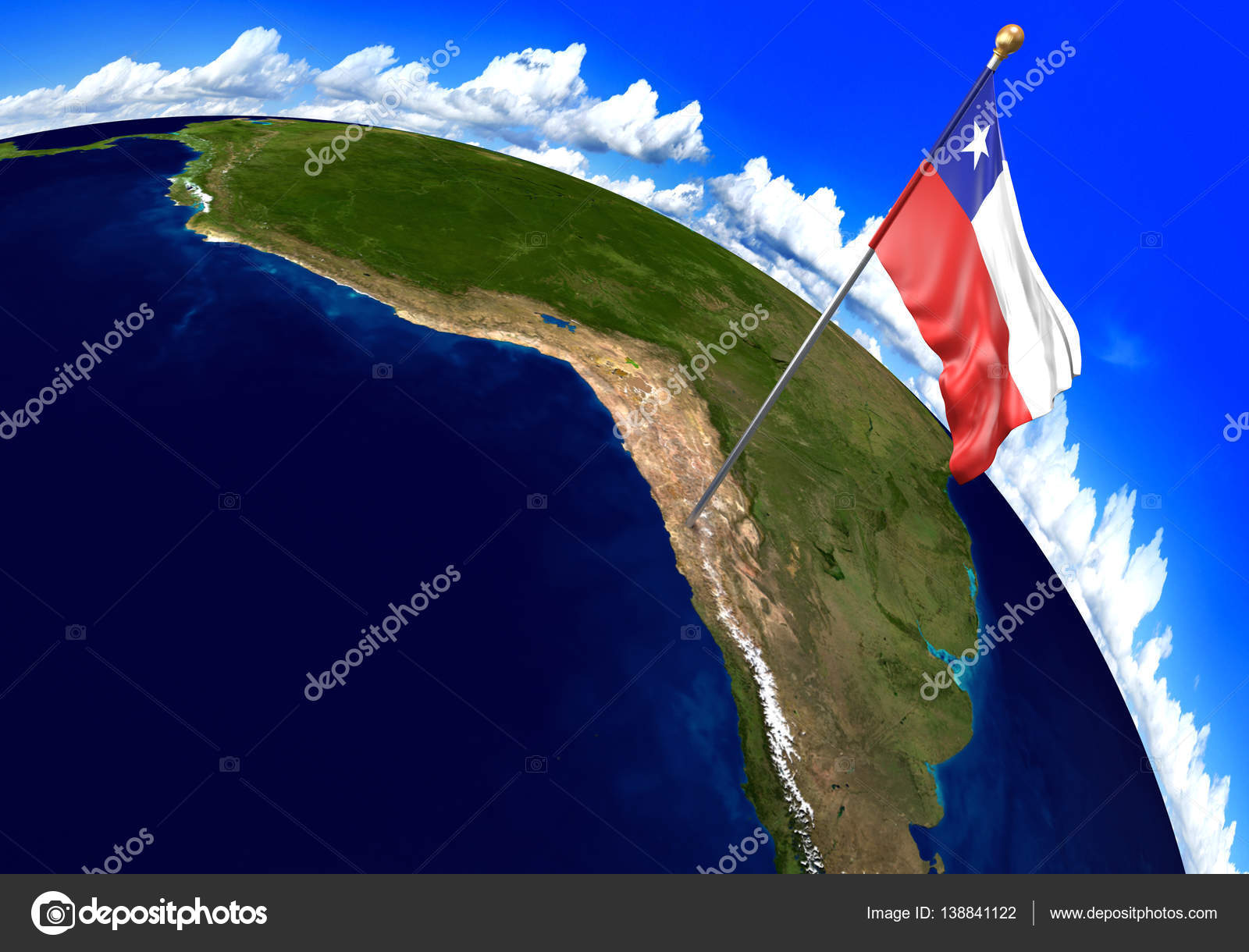 Chile national flag marking the country location on world map. 3D