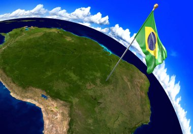 Brezilya ulusal bayrak ülke konumunu dünya haritası üzerinde işaretleme. 3D render, Nasa tarafından döşenmiş bu resmin parçaları