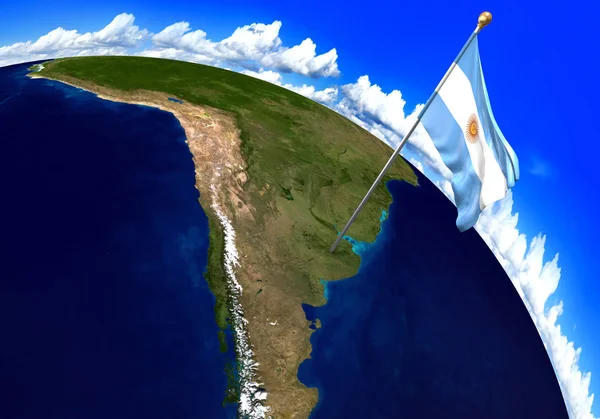 Argentina national flag marking the country location on world map. 3D rendering, parts of this image furnished by NASA — Stock Photo, Image