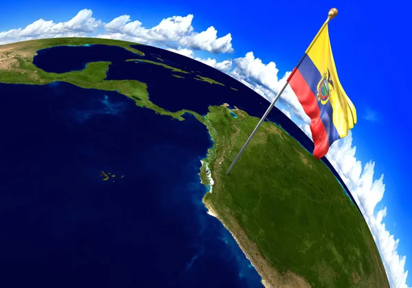 Bandera Nacional de Ecuador marcando la ubicación del país en el mapa del mundo. Representación 3D, partes de esta imagen proporcionadas por la NASA —  Fotos de Stock