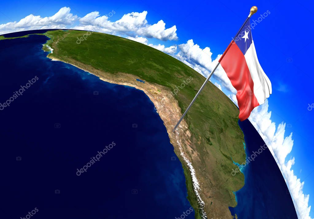 Bandera nacional de Chile marcando la ubicación del país en el mapa mundial. Representación 3D