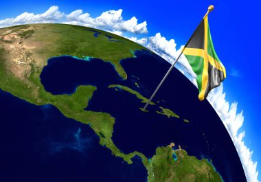 Jamaika ulusal bayrak ülke konumunu dünya haritası üzerinde işaretleme. 3D render