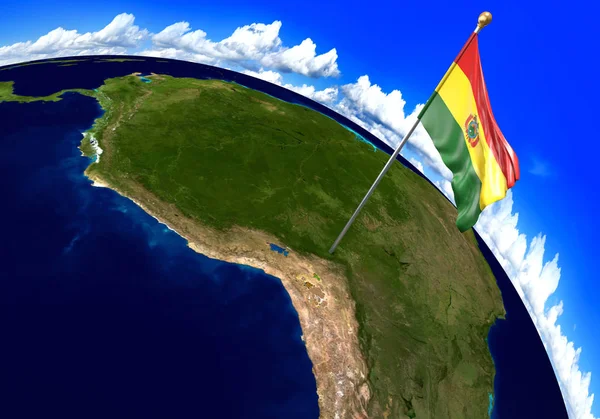 Bandera nacional de Bolivia marcando la ubicación del país en el mapa mundial. Renderizado 3D — Foto de Stock