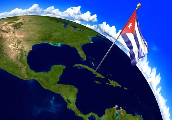 Bandeira nacional de Cuba marcando a localização do país no mapa do mundo. Renderização 3D — Fotografia de Stock