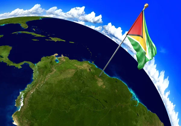 Guyana bandera nacional que marca la ubicación del país en el mapa del mundo. Renderizado 3D —  Fotos de Stock