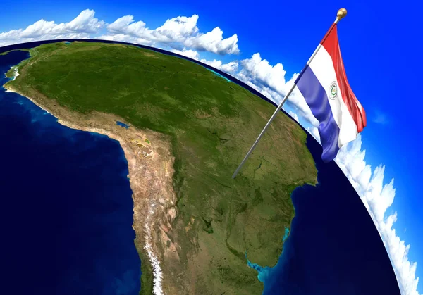 Paraguay bandera nacional que marca la ubicación del país en el mapa del mundo. Renderizado 3D —  Fotos de Stock