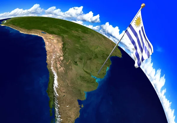 Die uruguayische Nationalflagge kennzeichnet die Lage des Landes auf der Weltkarte. 3D-Darstellung — Stockfoto