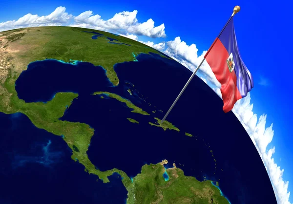 Die haitianische Nationalflagge kennzeichnet die Lage des Landes auf der Weltkarte. 3D-Rendering, Teile dieses Bildes von nasa — Stockfoto