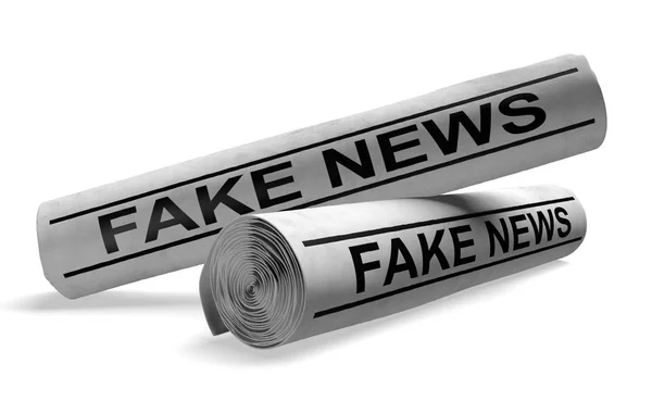 Zeitungen mit Fake-News-Schlagzeilen, die Medien repräsentieren, die Falschmeldungen und Desinformation veröffentlichen, 3D-Darstellung — Stockfoto