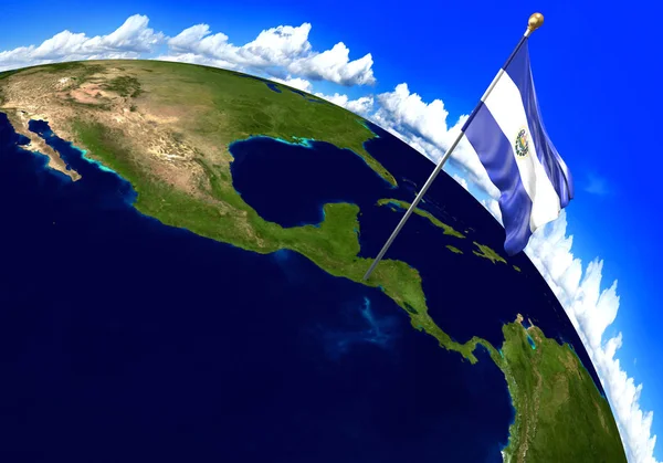 Bandera Nacional de El Salvador marcando la ubicación del país en el mapa mundial. Renderizado 3D —  Fotos de Stock