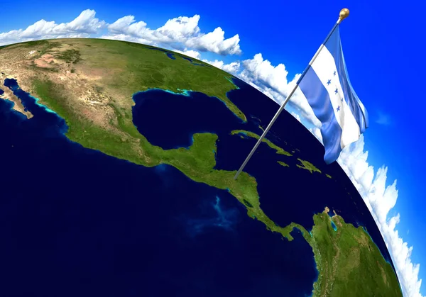 Bandera Nacional de Honduras marcando la ubicación del país en el mapa mundial. Renderizado 3D —  Fotos de Stock