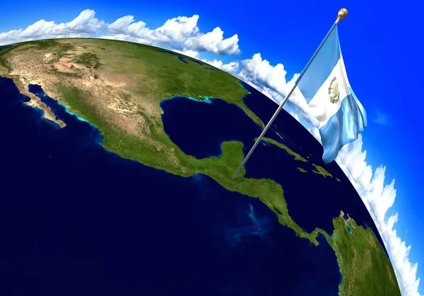 Bandera nacional de Guatemala que marca la ubicación del país en el mapa mundial. Renderizado 3D —  Fotos de Stock