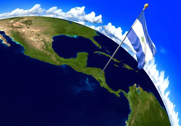 Bandera nacional de Nicaragua marcando la ubicación del país en el mapa mundial. Renderizado 3D —  Fotos de Stock