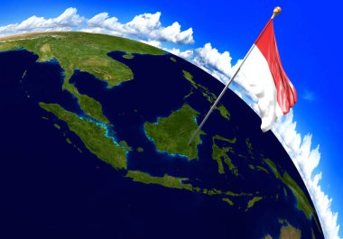 Endonezya ulusal bayrak ülke konumunu dünya haritası üzerinde işaretleme. 3D render, Nasa tarafından döşenmiş bu resmin parçaları