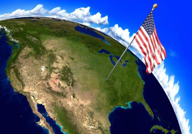 Amerika Birleşik Devletleri ulusal bayrak ülke konumunu dünya haritası üzerinde işaretleme. 3D render